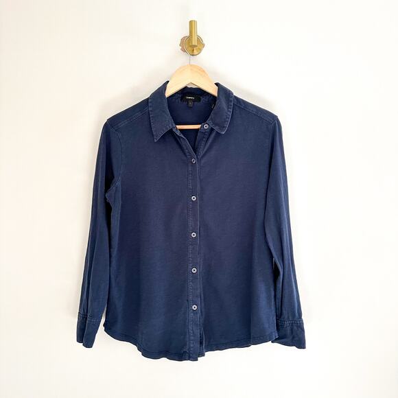 Theory Riduro C.Nebulous Organic Cotton Slub Long Sleeve Button-Up Shirt Sea - Picture 1 of 9
